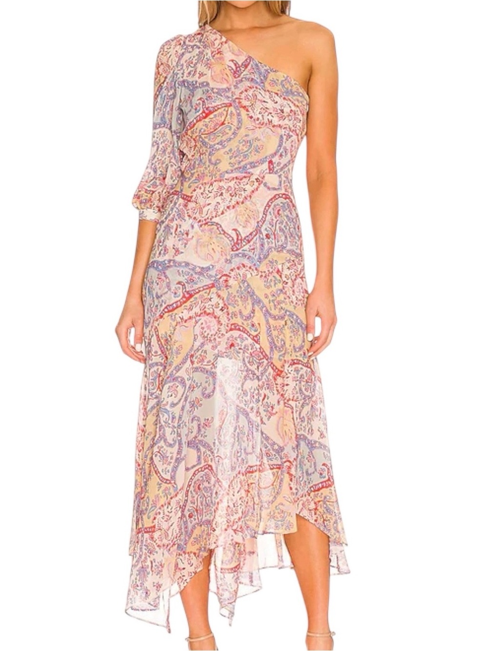 Veronica Beard Kimber Silk Paisley One Shoulder 3/4 Sleeve MIDI Dress, Size 4